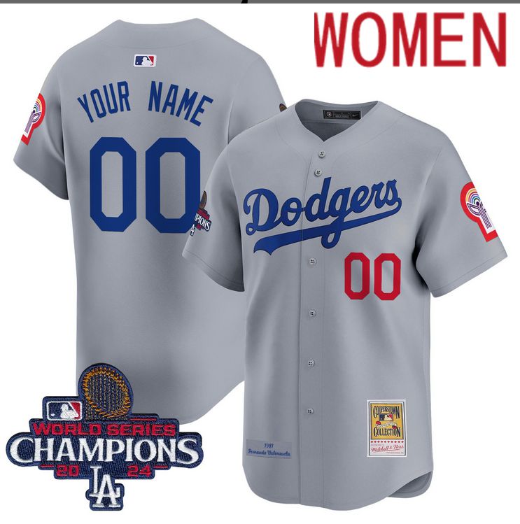 Women MLB Los Angeles Dodgers Custom grey 2024 World Series Champions Patch Cooperstown Jersey